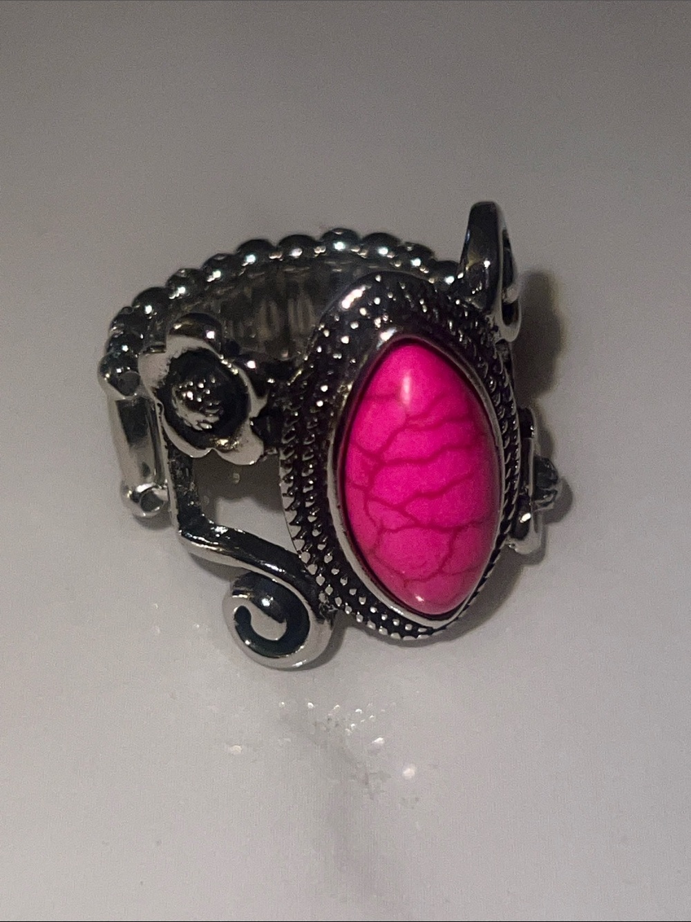Silver Floral Ring with Hot Pink Marquise Stone